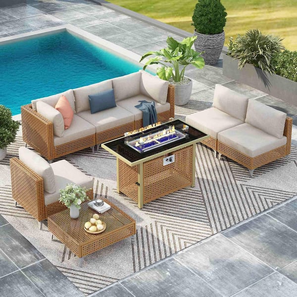 Polibi 8-Piece Metal Patio Conversation Set with 43 in. Fire Pit Table and Water Resistant Beige Thick Cushions