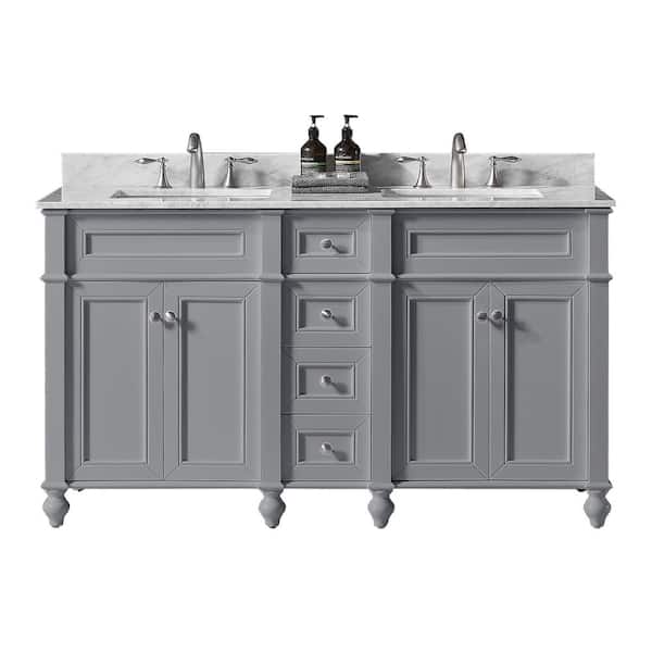 Margaux 60 in. W x 22 in. D x 34.2 in. H Bath Vanity in Taupe Grey w/ Carrara Marble Vanity Top in White w/ White Basin