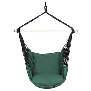 Hanging Rope Porch Swing with Steel Spreader Bar and Anti-Slip Rings, 2 Cushions Included, Green