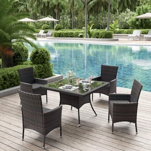 5-Piece Wicker Square Patio Outdoor Dining Set with Glass Tabletop and 1.5 in. Umbrella Hole, Grey Cushion