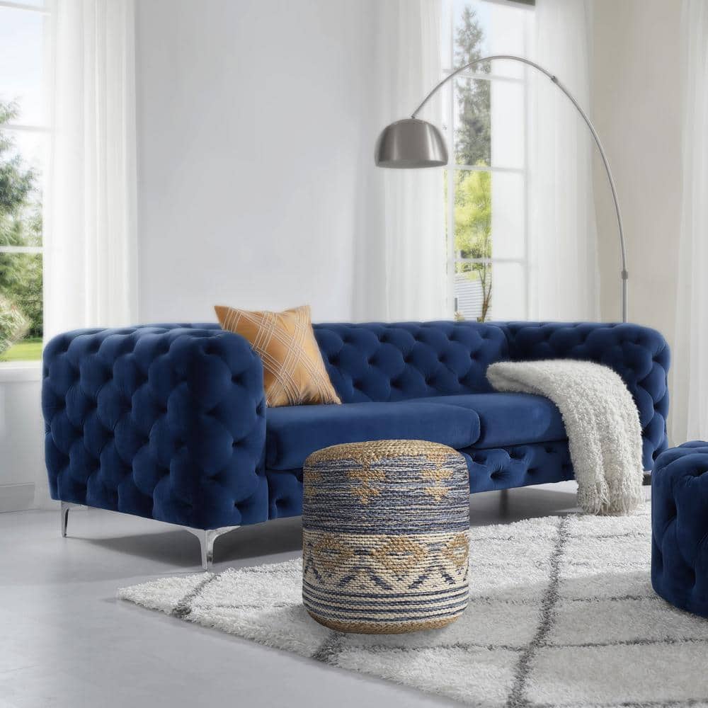 Natural Navy Jute Round Pouf with Geometric Pattern