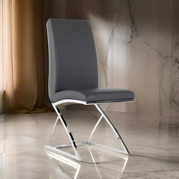 Benjara Gray and Chrome Faux Leather Z Shaped Frame Dining Chair (Set of 2)