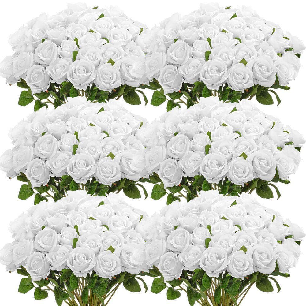 Withe Plastic Roses 20 in. White Outdoor Artificial Rose Plastic Flower for Home 50 Piece ...