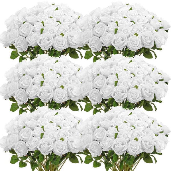 20 in. White Outdoor Artificial Rose Plastic Flower for Home 50 Piece ...