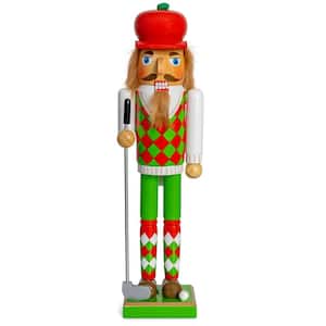 15 in. Wooden Golf Player Christmas Nutcracker-Red and Green Golfer with Club and Ball Holiday Nutcracker Figure Decor