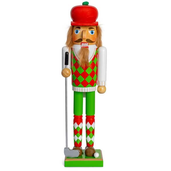 ORNATIVITY 15 in. Wooden Golf Player Christmas Nutcracker-Red and Green Golfer with Club and Ball Holiday Nutcracker Figure Decor