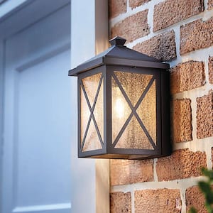 Wythe 1-Light Black Small Outdoor Wall Light Fixture with Seeded Glass