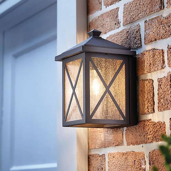 Home Decorators Collection Wythe 10 in. 1-Light Black Small Outdoor Wall Light Fixture with Seeded Glass