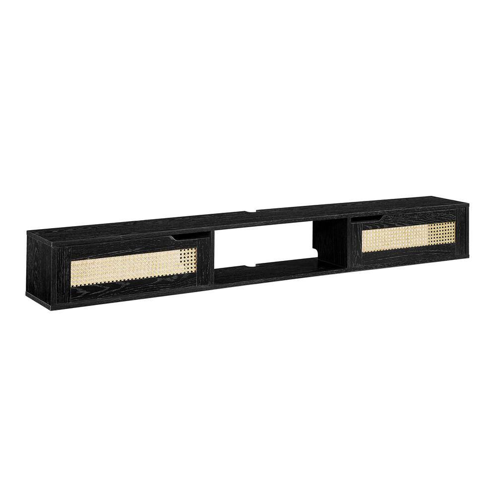70" Black Wood Floating TV Stand with Rattan Doors