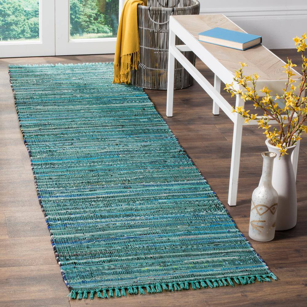Handmade Turquoise and Multicolor Cotton Stripe Runner Rug, 2'3" x 12'