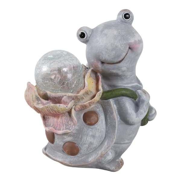 Liv & Skye 10 in. Gray Resin Blushing Turtle With Solar Flower Garden Statue