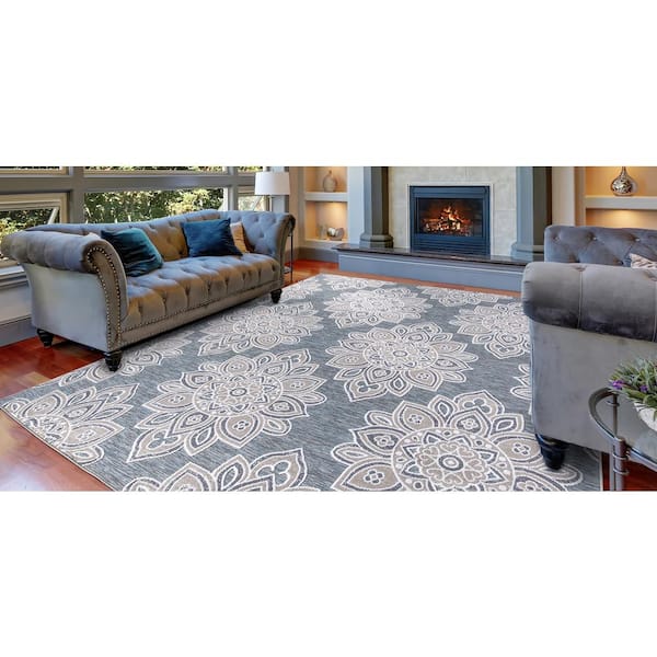Blue . x Doormat 2 ft. x 3 ft. Floral Indoor/Outdoor Patio Area Rug