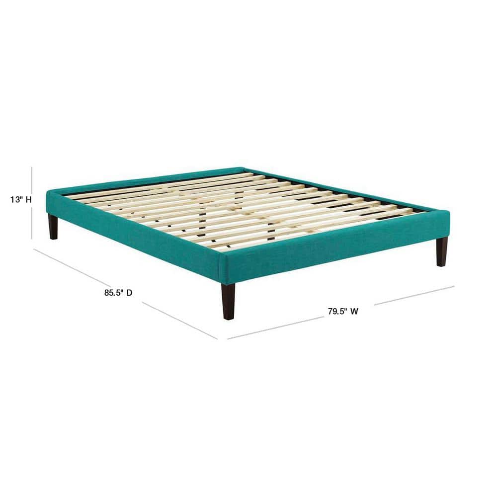 Teal Upholstered King Platform Bed with Wood Slats