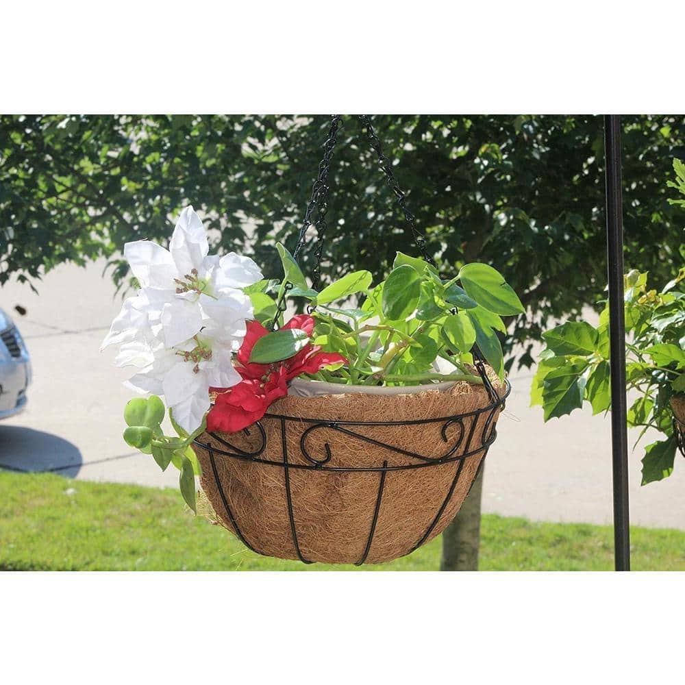 14-Inch Black Metal Hanging Planter Basket with Coco Liner, 4-Pack
