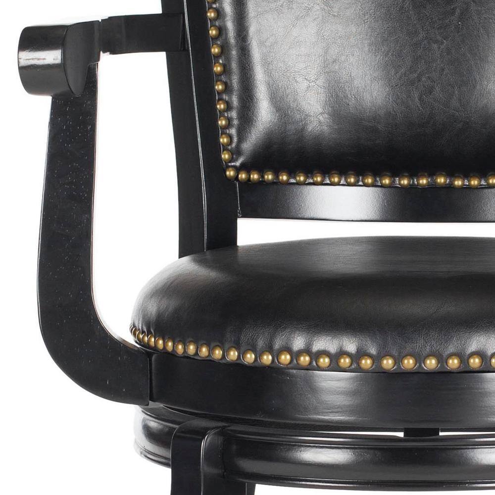 Transitional Black Leather Swivel Bar Stool with Bronze Nailhead Trim
