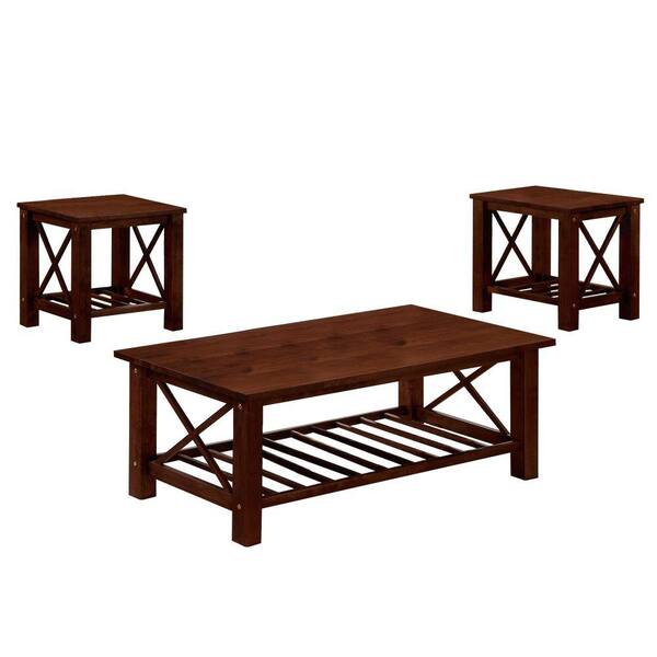 Benjara 47 In L Brown Slatted Bottom Shelf Wooden Coffee Table And End Table 3 Piece Bm231856 The Home Depot