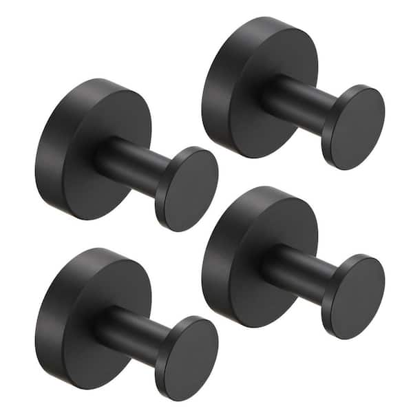 Tileon Round Base Bathroom Aluminum Towel Coat Hooks in Matte Black (4-Pack)