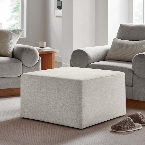 MODWAY Callum Large 28 in. Square Woven Heathered Fabric Upholstered Ottoman in Heathered Weave Ivory