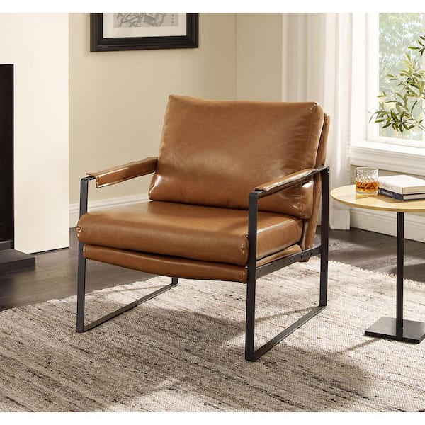 Art Leon Leo Modern Brown Tan Faux Leather Arm Chair with Steel Frame