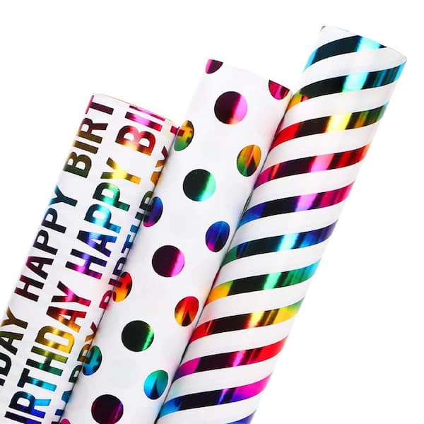 N/A Mini Roll 17 x 120 i Thick Paper Iridescent Gift Wrapping 3 Rolls Happy Birthday Polka Dots Stripes 42 sq ft