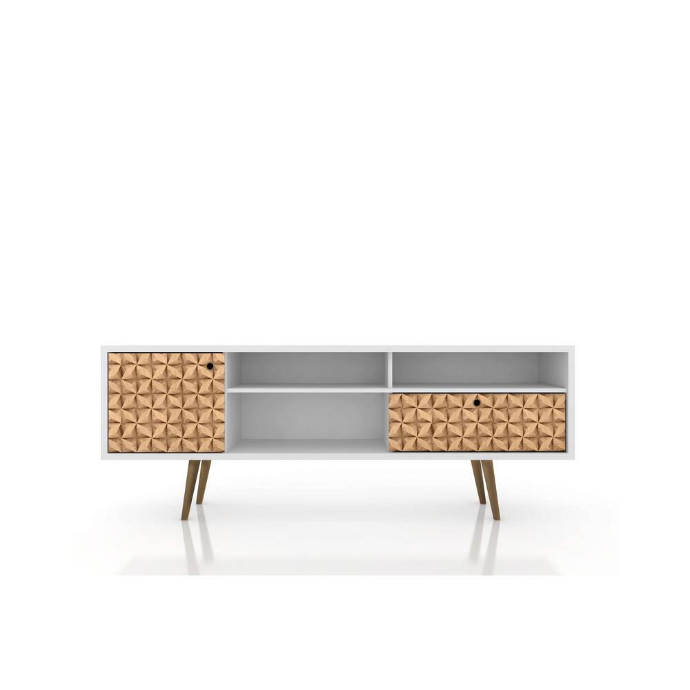 White and Brown Mid-Century Modern TV Stand with Cabinet