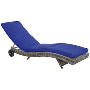 1-Piece Gray Wicker Outdoor Chaise Lounge with 5-Level Adjustable Backrest Wheels Dark Blue Cushions for Garden Yard
