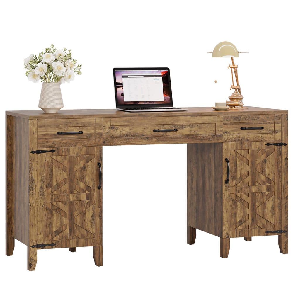 59 in. Rectangular Rustic Brown Engineered Wood 3-Drawer Computer Desk, Office Executive Desk with Files Storage Cabinet