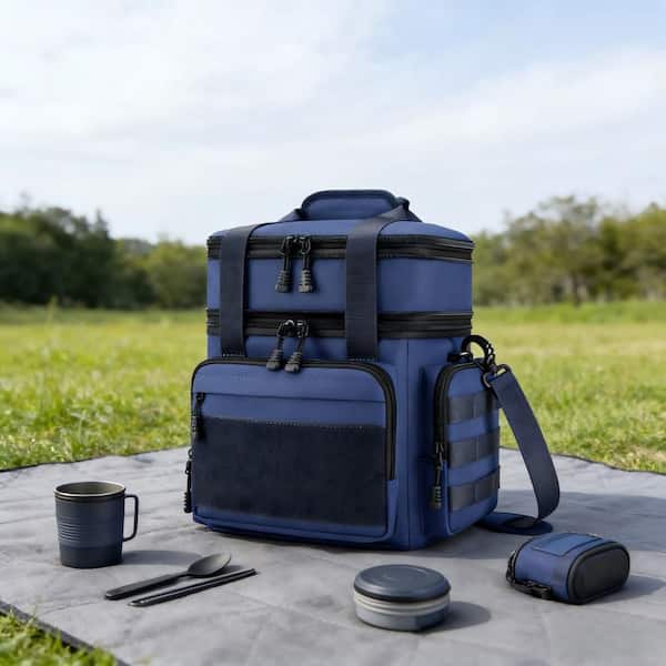 Military Lunch Bag with Dual Compartments, Leakproof Insulated, 15L Capacity, Multi-Pocket Design for Work Travel, Blue