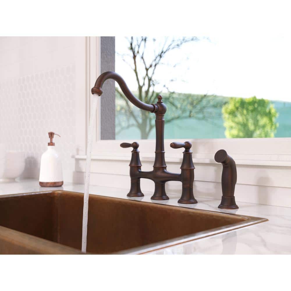 Rustic Bronze Double Handle Bridge Kitchen Faucet with Side Sprayer