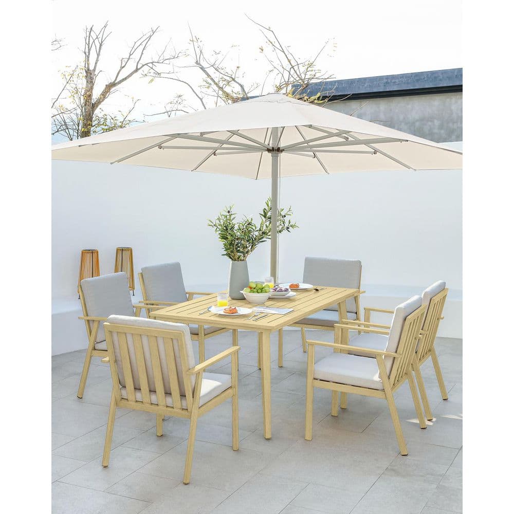 Light Brown Wood 7-Piece Aluminum Outdoor Dining Set with Rectangular Table and Beige Cushions