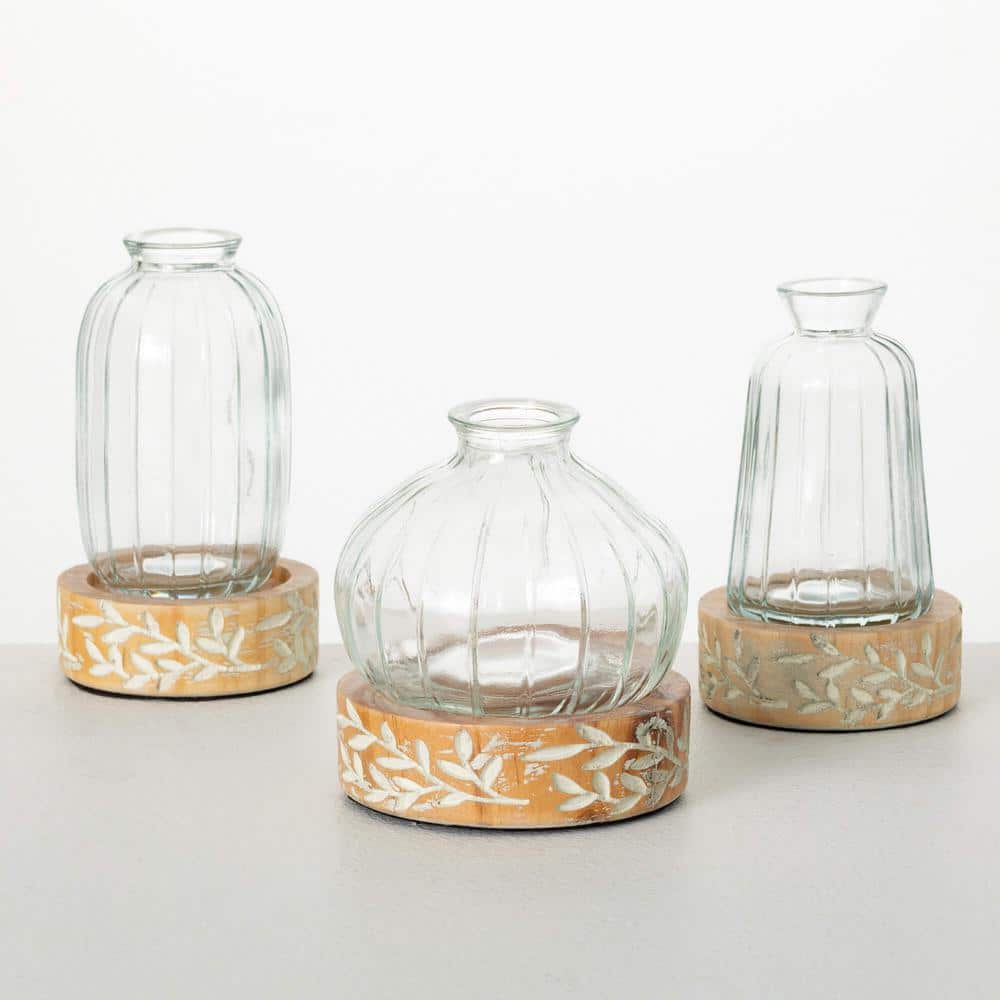 Embossed Glass and Wood Vase Set with Leaf Pattern, 3-Piece