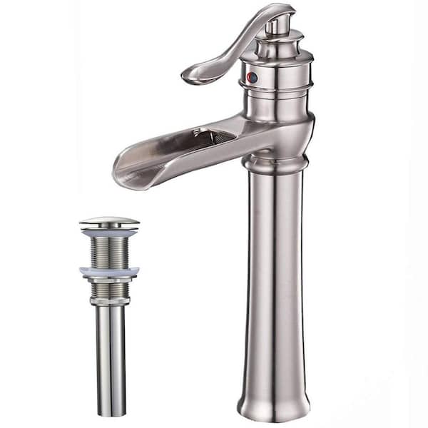 FORCLOVER Single Hole Single Handle Waterfall Bathroom Vessel Sink Faucet with Pop-up Drain Assembly in Brushed Nickel