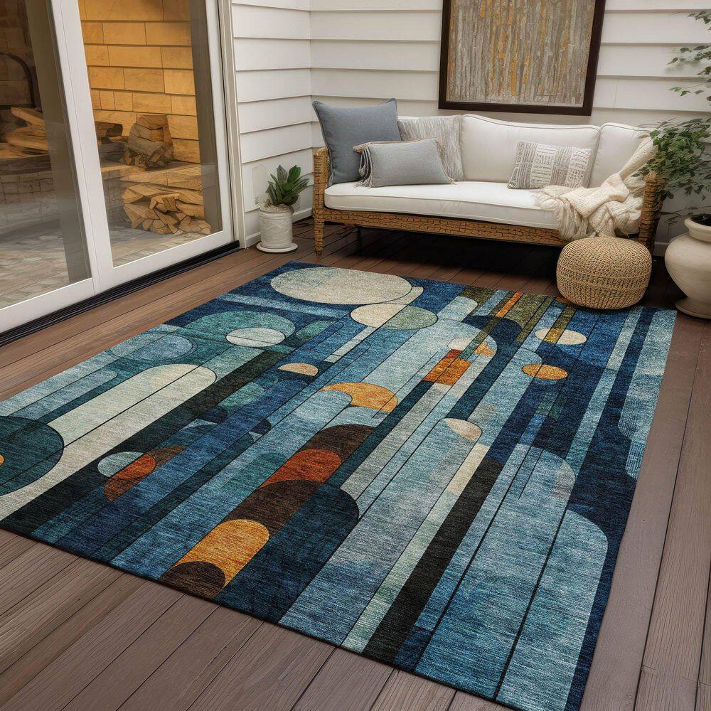 Blue Geometric Synthetic Washable Rectangular Area Rug