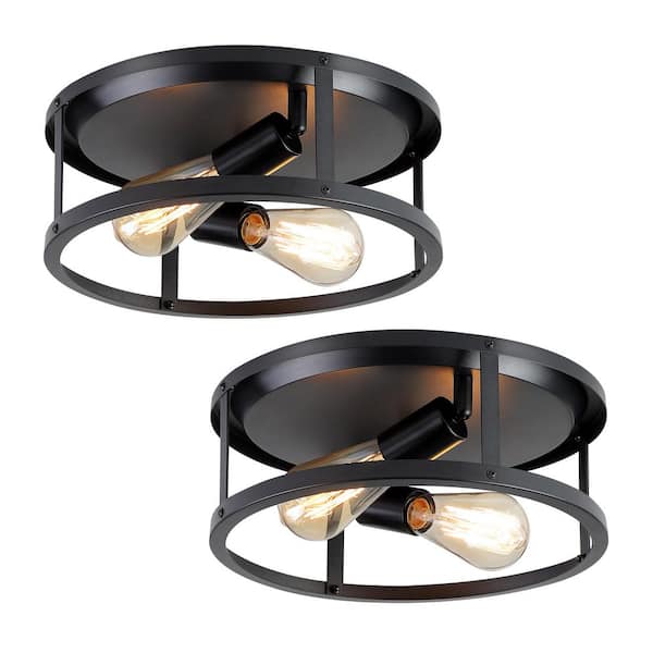 12.7 in. 2-lights Matte Black Flush Mount Ceiling Light Fixtures With Cage-style Straight Metal Frame (2-Pack)