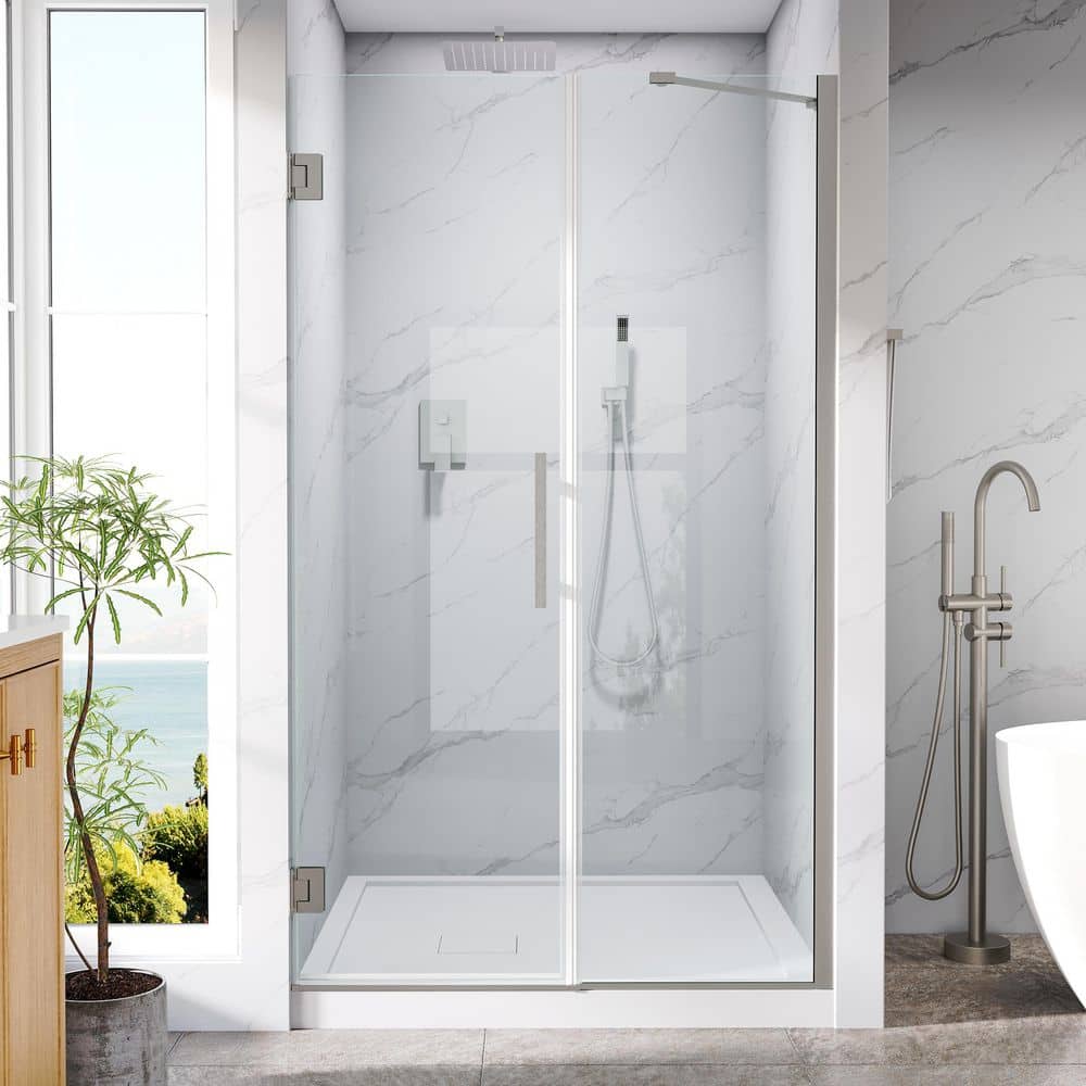 "UNIFIT 43-44 in. W x 72 in. H Hinged Frameless Shower Door in Brushed Nickel with 3/8"" SGCC Clear Tempered Glass" price history on PriceWatchPro