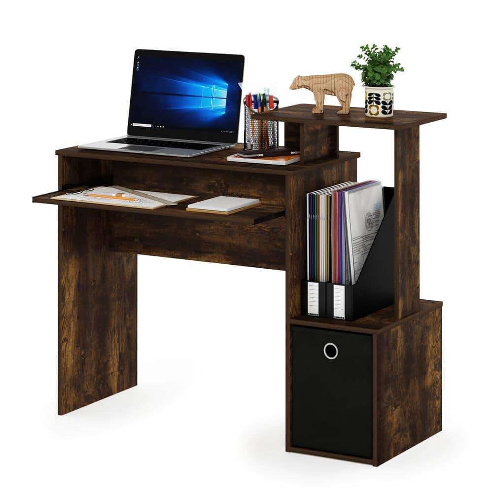 Amber Pine and Black Compact Computer Desk with Drawer and Keyboard Tray