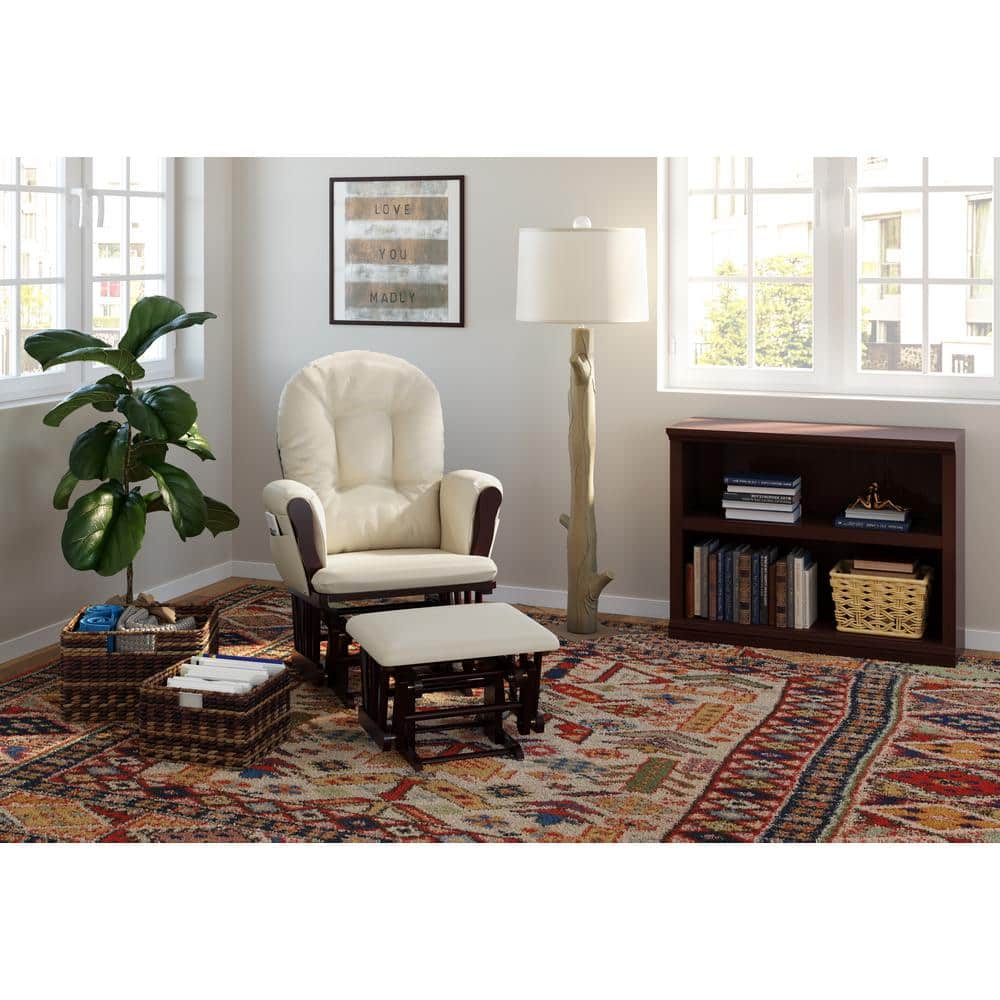 Espresso Wood Glider Chair and Ottoman with Beige Cushions