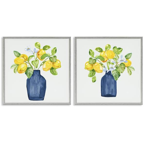 Stupell Industries Lemon Branches in Vases by Nan 2 Pieces Gray Framed Food Giclee Art Print 12 in. x 12 in.
