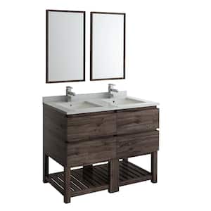 Formosa 48 in. Double Vanity with Open Bottom in Warm Gray with Quartz Stone Vanity Top in White w/ White Basins, Mirror