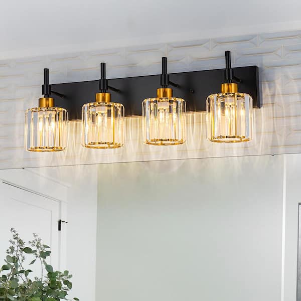 LLHZSY Schonbek 26 in. 4-Lights Black Gold Dimmable Modern Bathroom Vanity Light with Crystal Shades