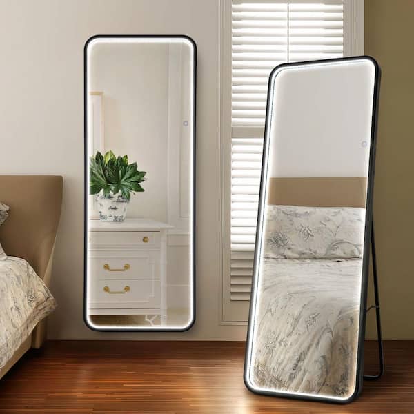 Tatum 65 in. H x 24 in. W Crystal Lining Rectangle Metal Framed Antifog Lit Wall/Floor Mirror with Smart Touch, Black