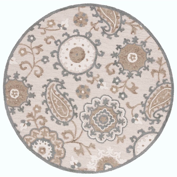 Blossom 6 ft. x 6 ft. Gray/Beige Paisley Floral Round Area Rug