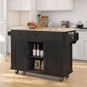 Black Rolling Rubberwood Countertop 53 in. Kitchen Island Cart with Adjustable Shelves