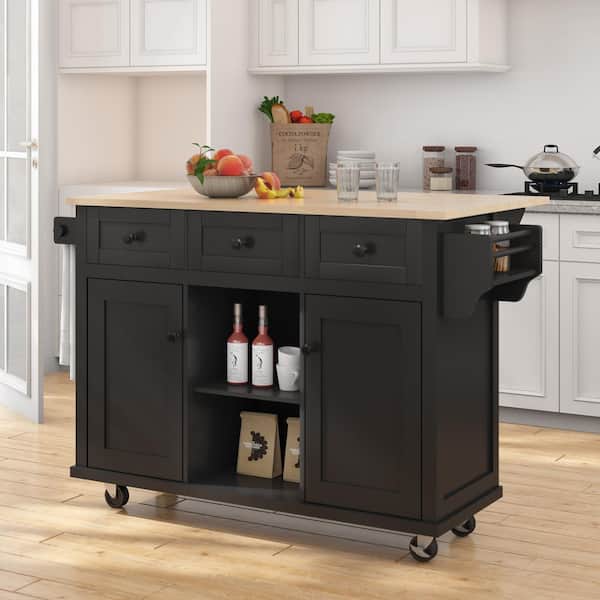 FAMYYT Black Rolling Rubberwood Countertop 53 in. Kitchen Island Cart with Adjustable Shelves
