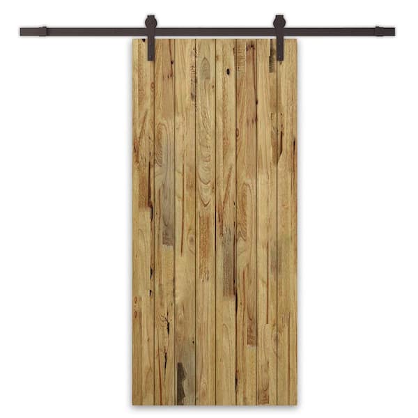 CALHOME 36 in. x 80 in. Weather Oak Stained Solid Wood Modern Interior Sliding Barn Door with Hardware Kit