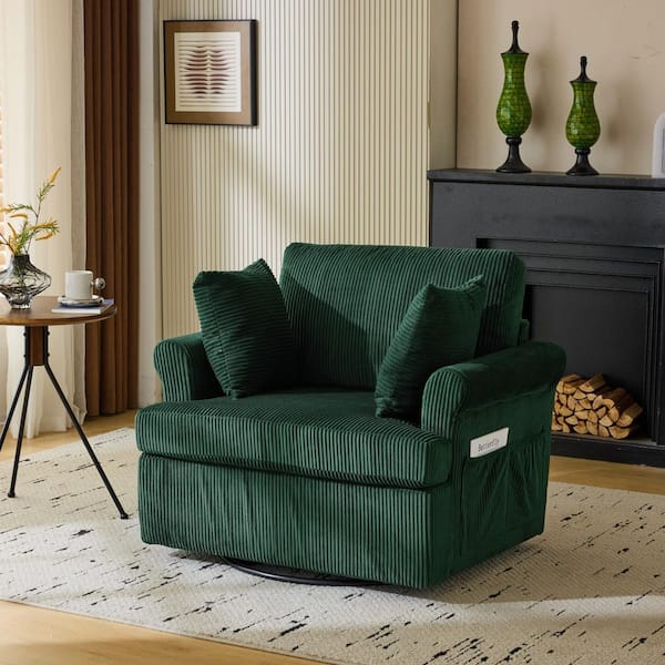 Green Corduroy Arm Chair with Wood Swivel Base