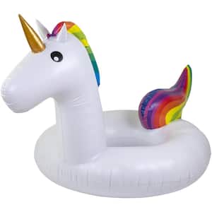 68 in. H White Rainbow Unicorn Inflatable Swimming Pool Tube Ring Float