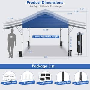 10 ft. x 17.6 ft. Blue Outdoor Instant Pop-up Canopy Tent Dual Half Awnings Adjust Patio