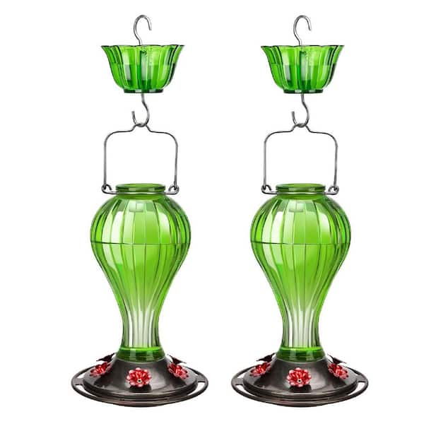 Justincity Green Finish Glass Hummingbird Feeder 25  oz.  Nectar Feeder with Ant Moat and 6 Feeding Ports, Leak Proof (2-Pack)