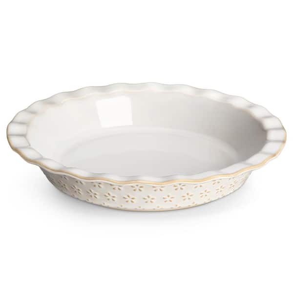 MALACASA 1-Piece Stoneware Pie Dish Set Ivory White Baking Dish Embossed Star-Shape Floral Pattern Bakeware